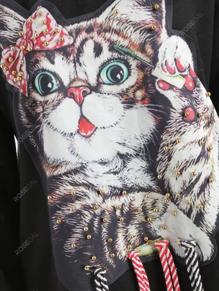 Crew Neck Cat Print Beaded Long Sweatshirt