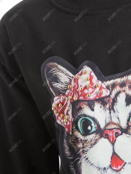 Crew Neck Cat Print Beaded Long Sweatshirt
