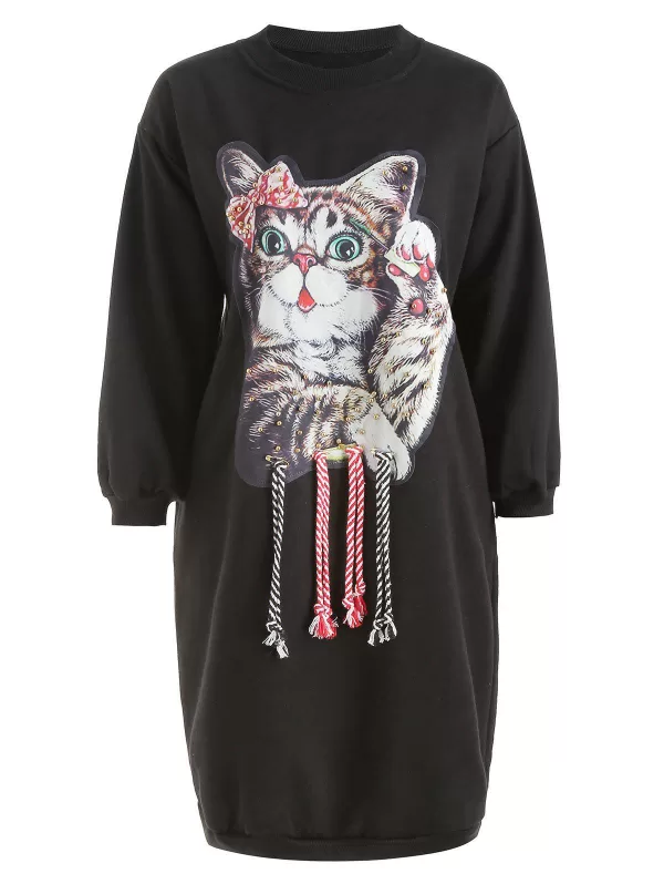 Crew Neck Cat Print Beaded Long Sweatshirt