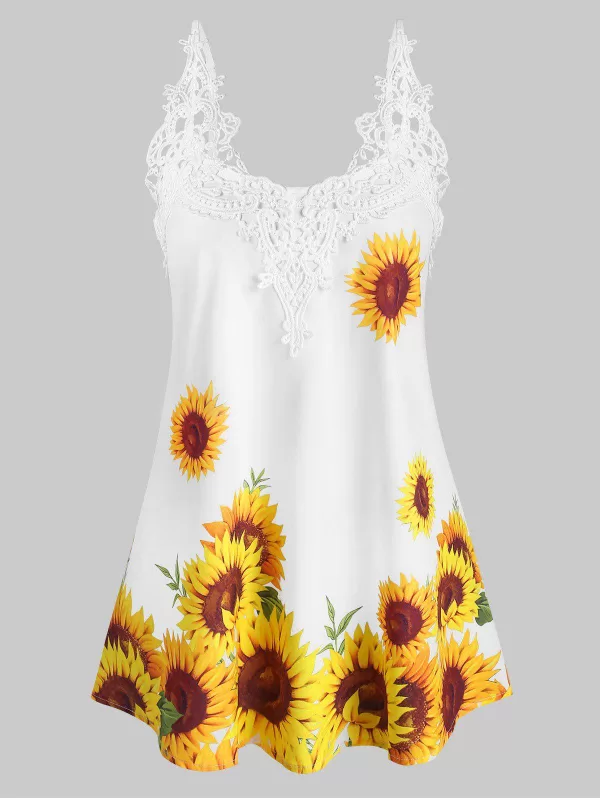 Crochet Lace Panel Sunflower Longline Cami Top