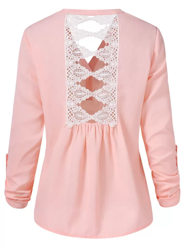 Cut Out Lace Panel Long Sleeve Blouse