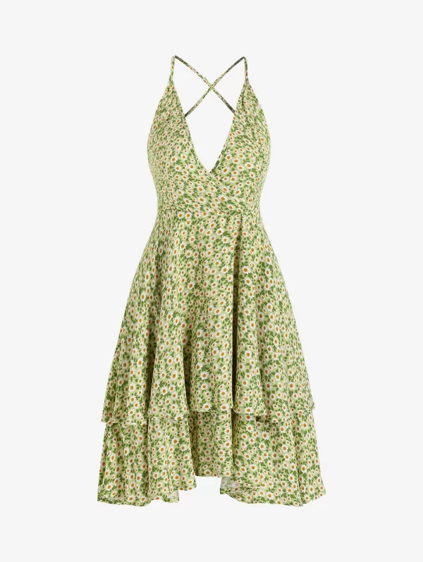 Ditsy Print Backless Crisscross Layered Sundress