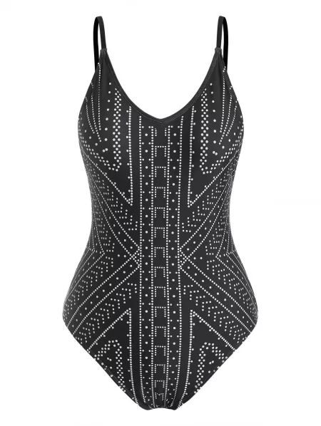 Dotted Geometric Pattern V Neck One-piece Swimsuit