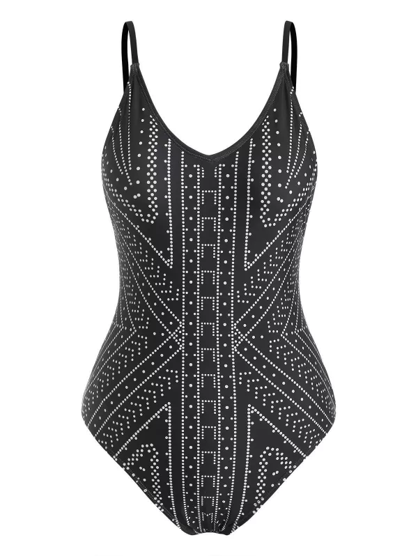 Dotted Geometric Pattern V Neck One-piece Swimsuit