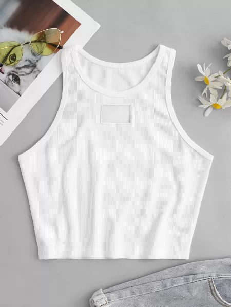 Embroidered Ribbed Organza Panel Tank Top