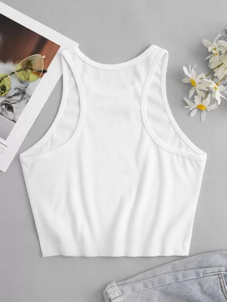 Embroidered Ribbed Organza Panel Tank Top