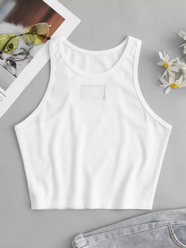 Embroidered Ribbed Organza Panel Tank Top