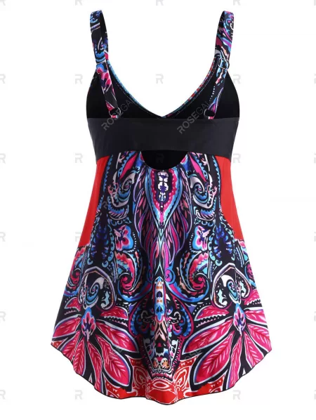 Ethnic Printed Cut Out Back Straps Tankini Swimwear