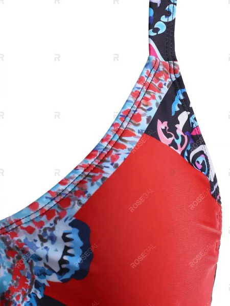 Ethnic Printed Cut Out Back Straps Tankini Swimwear