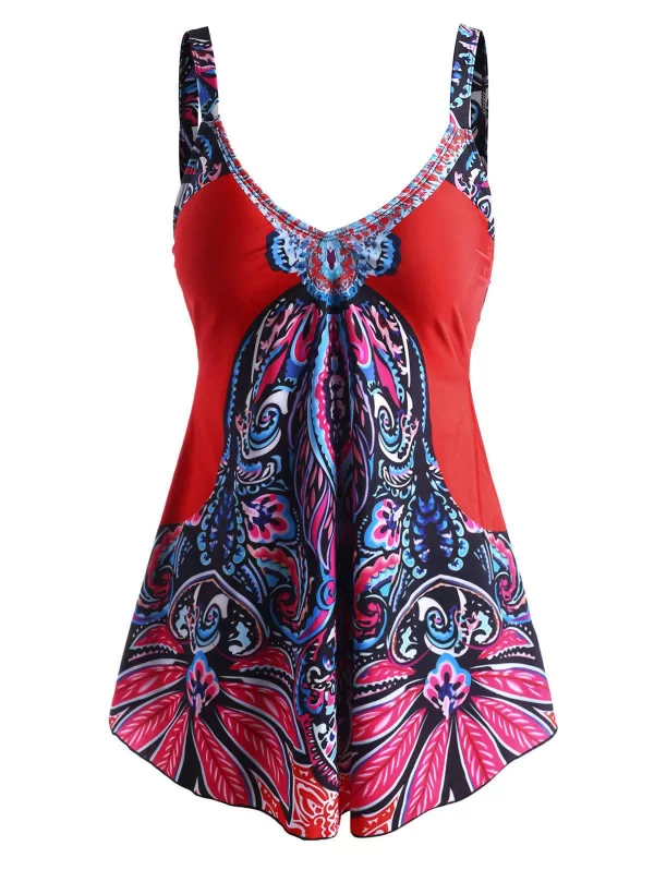Ethnic Printed Cut Out Back Straps Tankini Swimwear