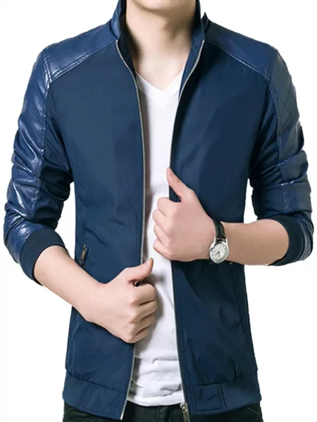 Faux Leather Panel Stand Collar Zip Up Jacket