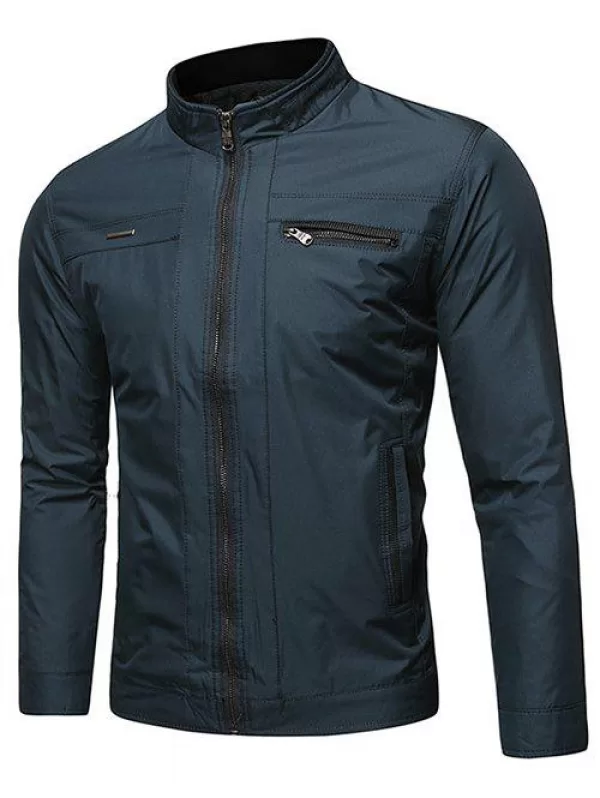 Faux Pocket Solid Color Zip Up Jacket