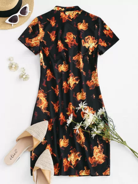 Fire Print Slit Mini Cheongsam Dress