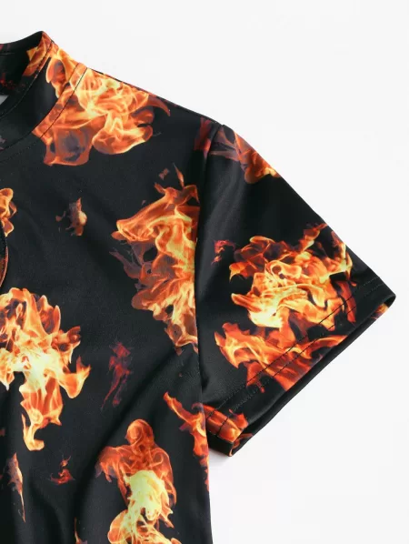 Fire Print Slit Mini Cheongsam Dress