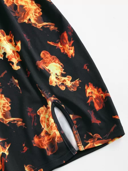Fire Print Slit Mini Cheongsam Dress