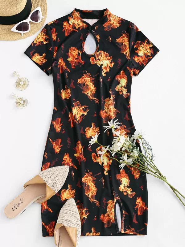 Fire Print Slit Mini Cheongsam Dress