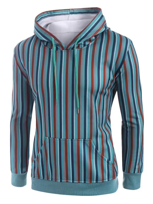 Fleece Lined Colorful Striped Front Pocket Hoodie