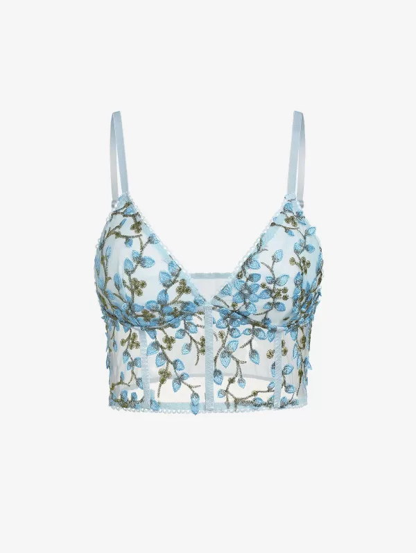 Floral Embroidered Picot Trim Corset Top