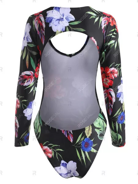 Floral Leaf Open Back Long Sleeve One-piece Swimsuit
