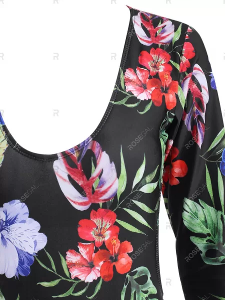 Floral Leaf Open Back Long Sleeve One-piece Swimsuit