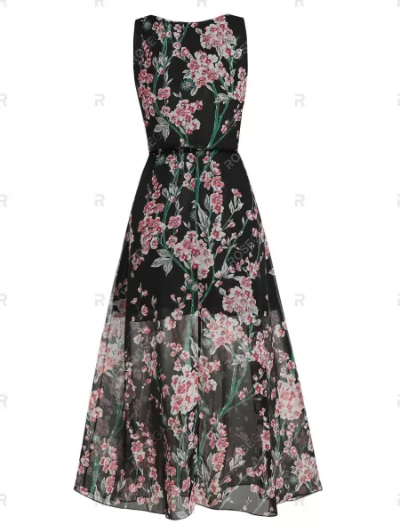 Floral Print Elastic Waist Sleeveless Maxi Dress