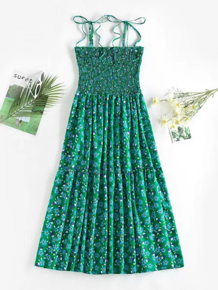 Floral Print Tie Shoulder Smocked Tiered Sundress