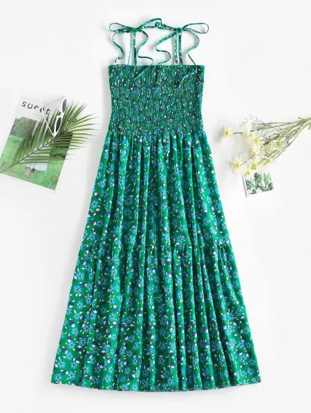 Floral Print Tie Shoulder Smocked Tiered Sundress