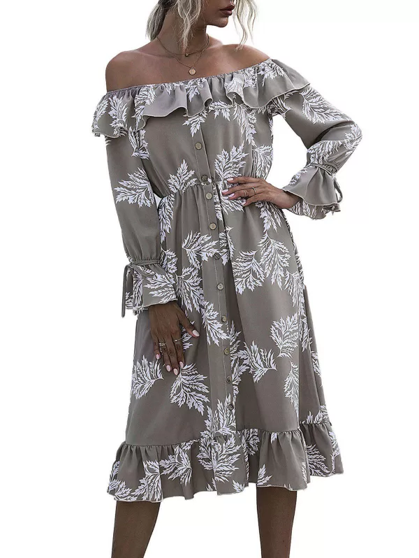 Flounce Off Shoulder Leaf Print Poet Sleeve Dress