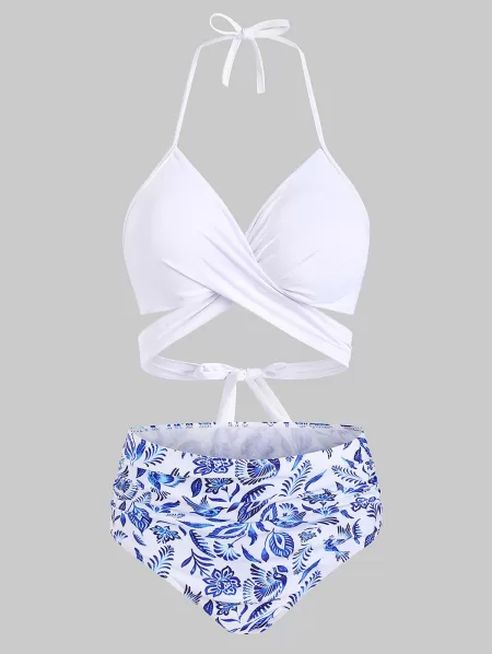 Flower Bird Pineapple Halter Criss Cross Tummy Control Bikini Swimwear