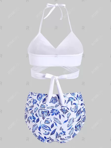 Flower Bird Pineapple Halter Criss Cross Tummy Control Bikini Swimwear