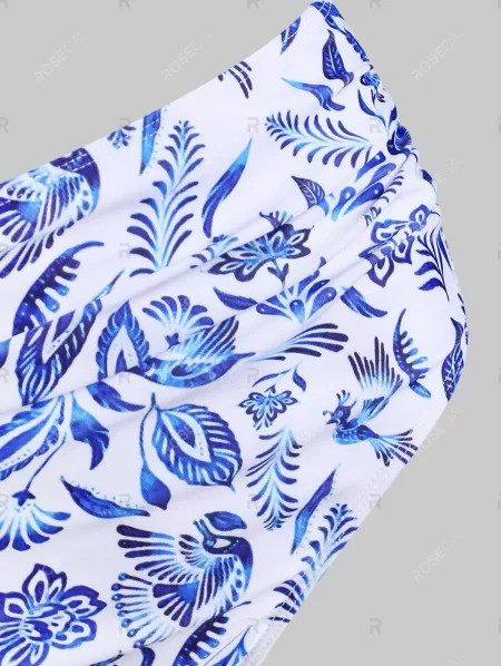 Flower Bird Pineapple Halter Criss Cross Tummy Control Bikini Swimwear