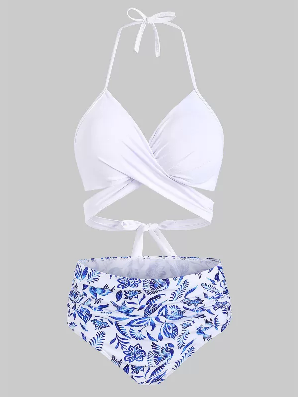 Flower Bird Pineapple Halter Criss Cross Tummy Control Bikini Swimwear