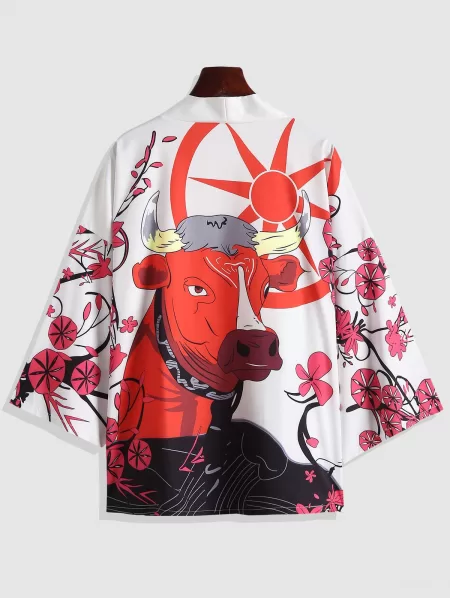 Flower Cow Scenic Print Kimono Cardigan