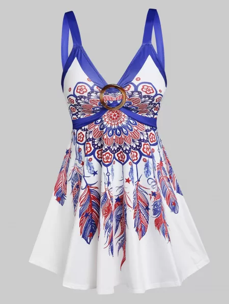 Flower Feather Print O-ring Detail Tank Top