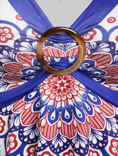 Flower Feather Print O-ring Detail Tank Top