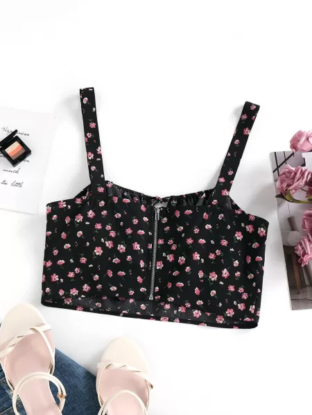 Flower Keyhole Back Zip Tank Top