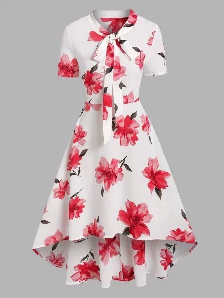 Flower Print Pussy Bow Flare High Low Dress