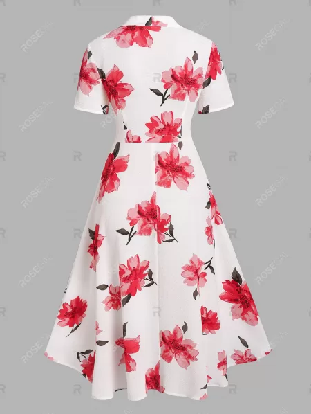 Flower Print Pussy Bow Flare High Low Dress