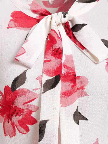 Flower Print Pussy Bow Flare High Low Dress