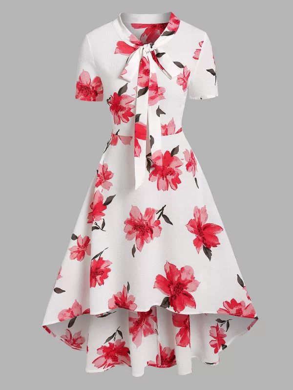 Flower Print Pussy Bow Flare High Low Dress