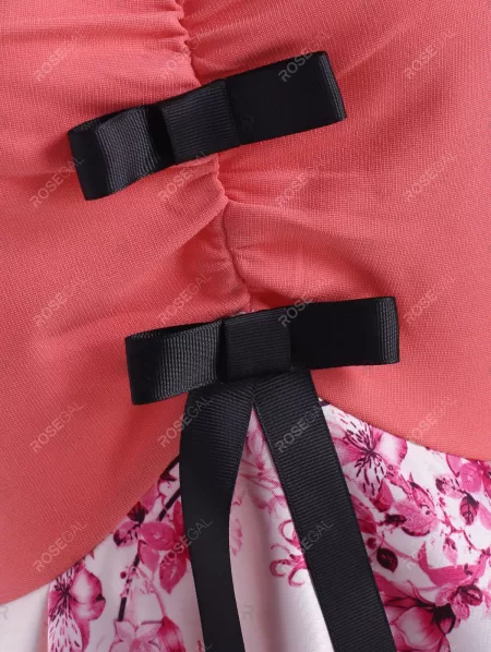 Flower Print Ruched Bowknot Dress