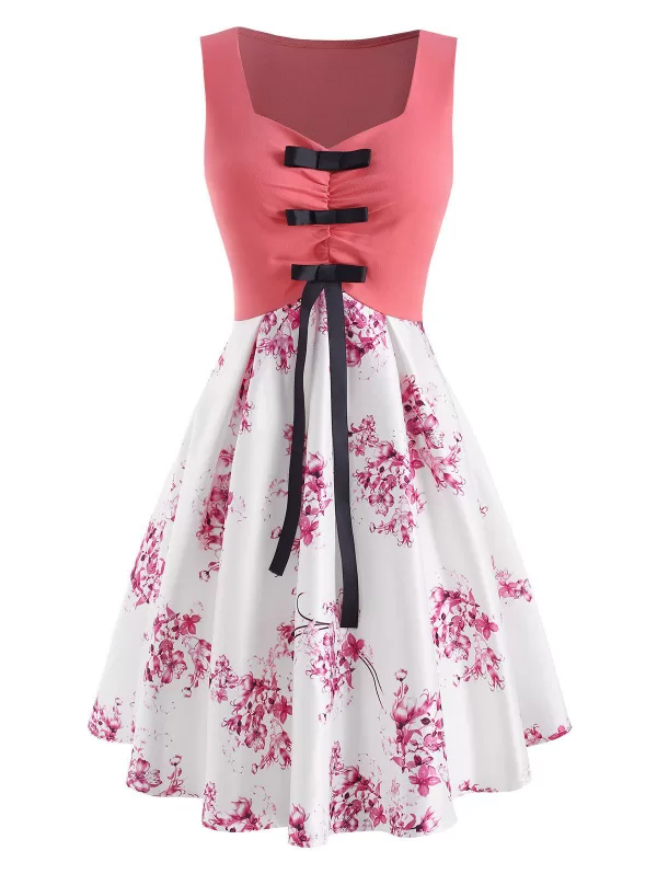 Flower Print Ruched Bowknot Dress