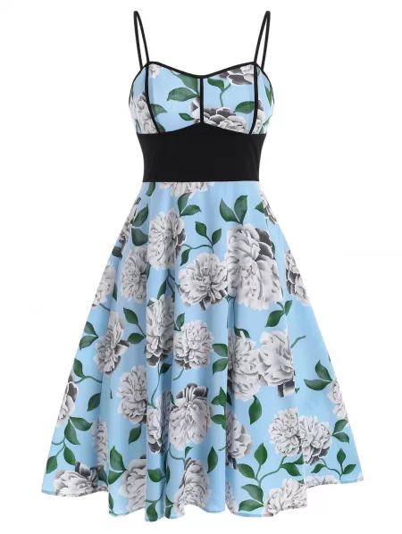 Flowers Printed High Waist Flare Slip Dress