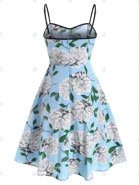 Flowers Printed High Waist Flare Slip Dress