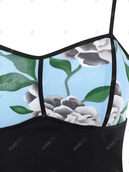 Flowers Printed High Waist Flare Slip Dress