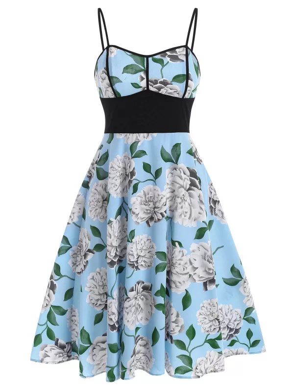 Flowers Printed High Waist Flare Slip Dress