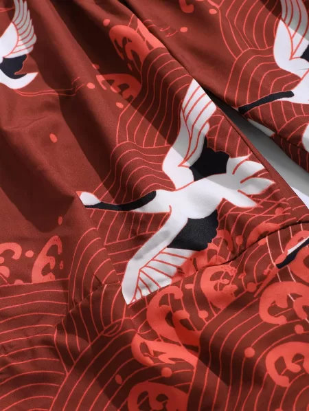 Flying Crane Sea Waves Print Cropped Pants