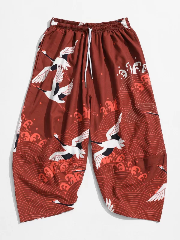 Flying Crane Sea Waves Print Cropped Pants