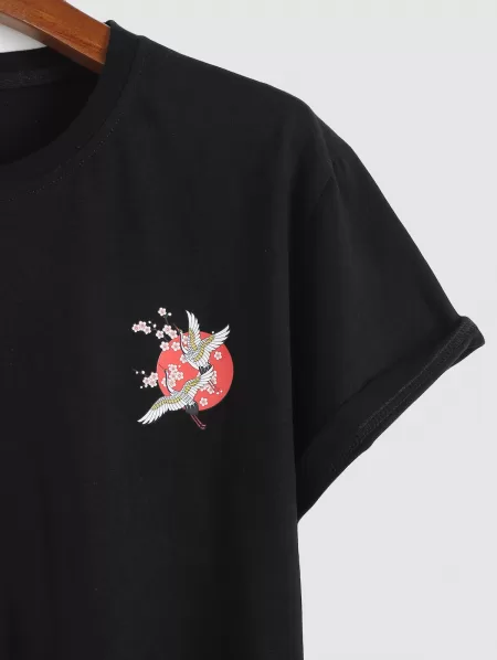 Flying Cranes Floral Graphic Short Sleeve Tee