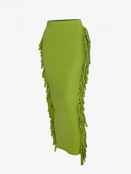 Fringed Side Slinky Maxi Skirt